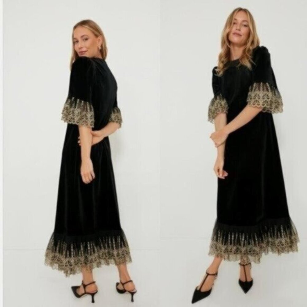 Pomander Place NEW Black Lillith Gold Lace Formal Maxi Dress Size L - Picture 3 of 12